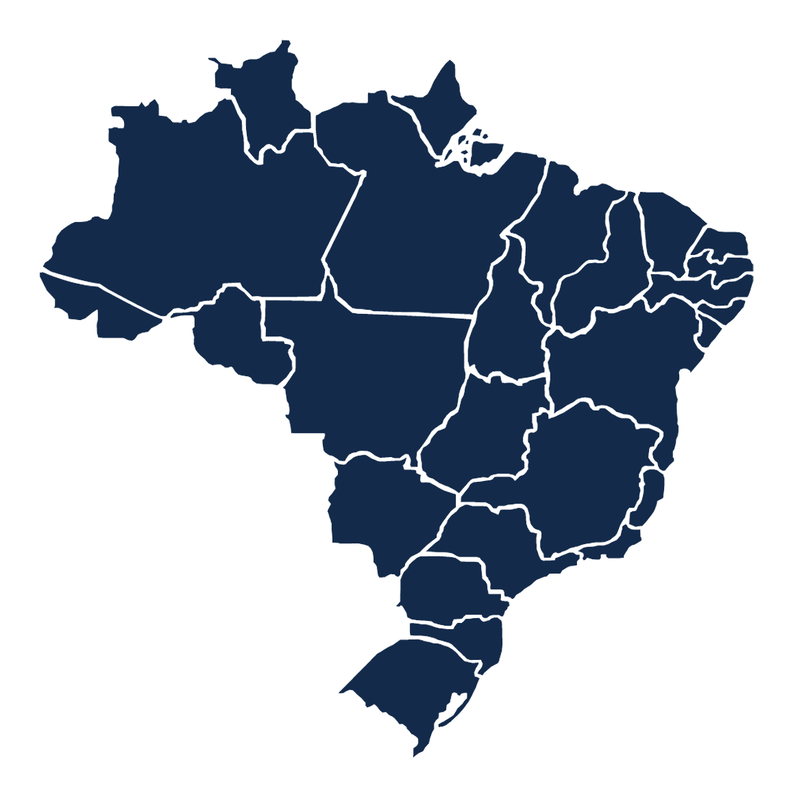 Mapa do Brasil destacando os estados onde a EG Soluções atua: Pará, Maranhão, Ceará, Piauí, Goiás, Minas Gerais, São Paulo, Rio de Janeiro, Paraná, Santa Catarina e Rio Grande do Sul.